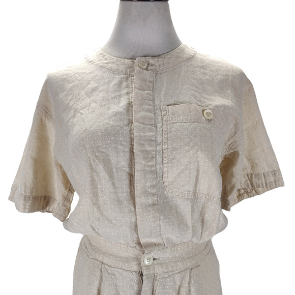 Vintage 90s Linen Blend Romper Size S Beige Micro Dot Short Sleeve Pockets - Picture 5 of 15